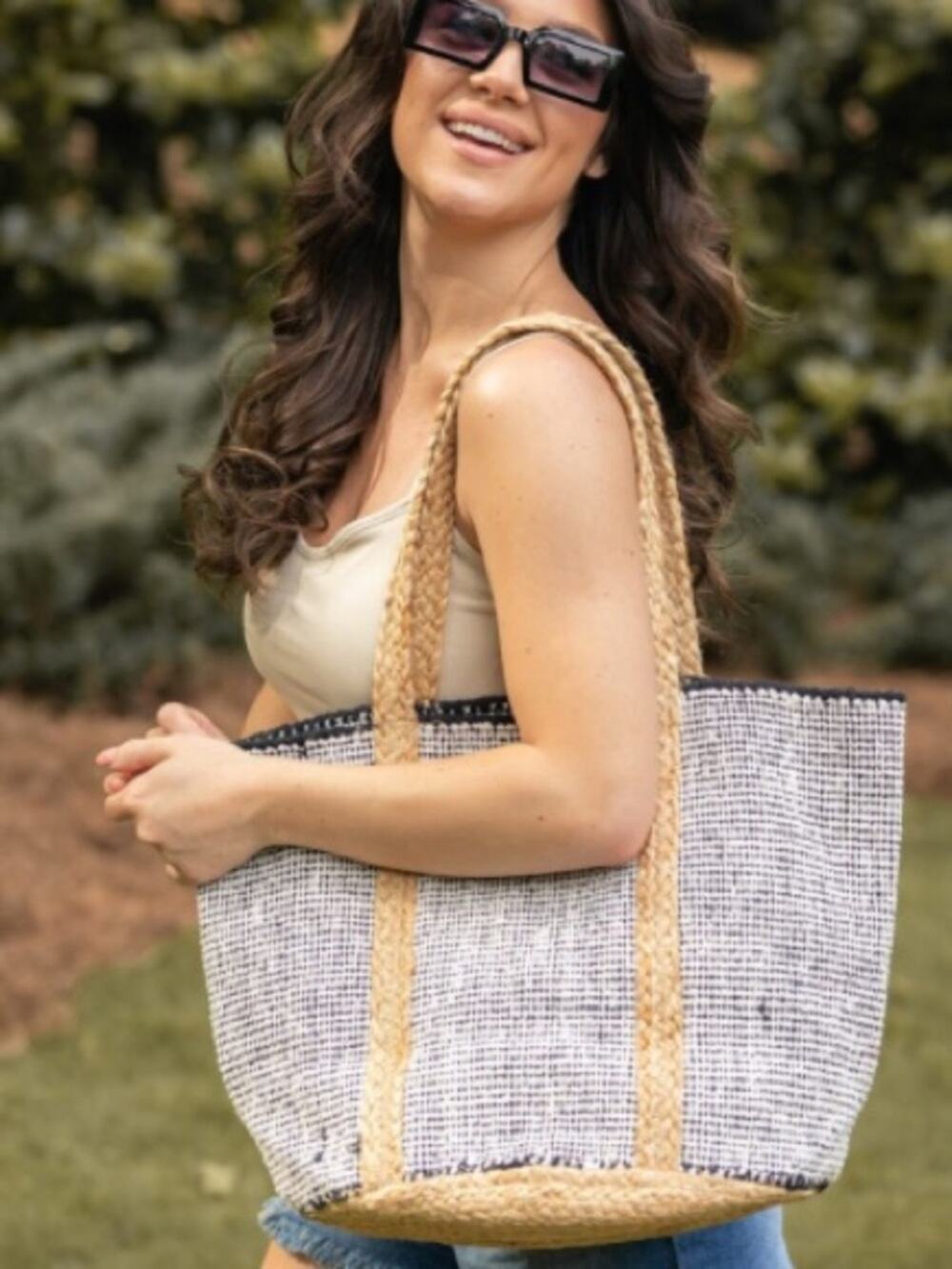 ANJU Hand Woven Artisan Cream Black Straw Trim Large Tote Bag Beach Bag Travel
